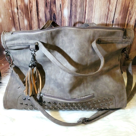 GREY  STUDDED BAG, WEEKENDER, DIAPER BAG, PURSE - Picture 9 of 11